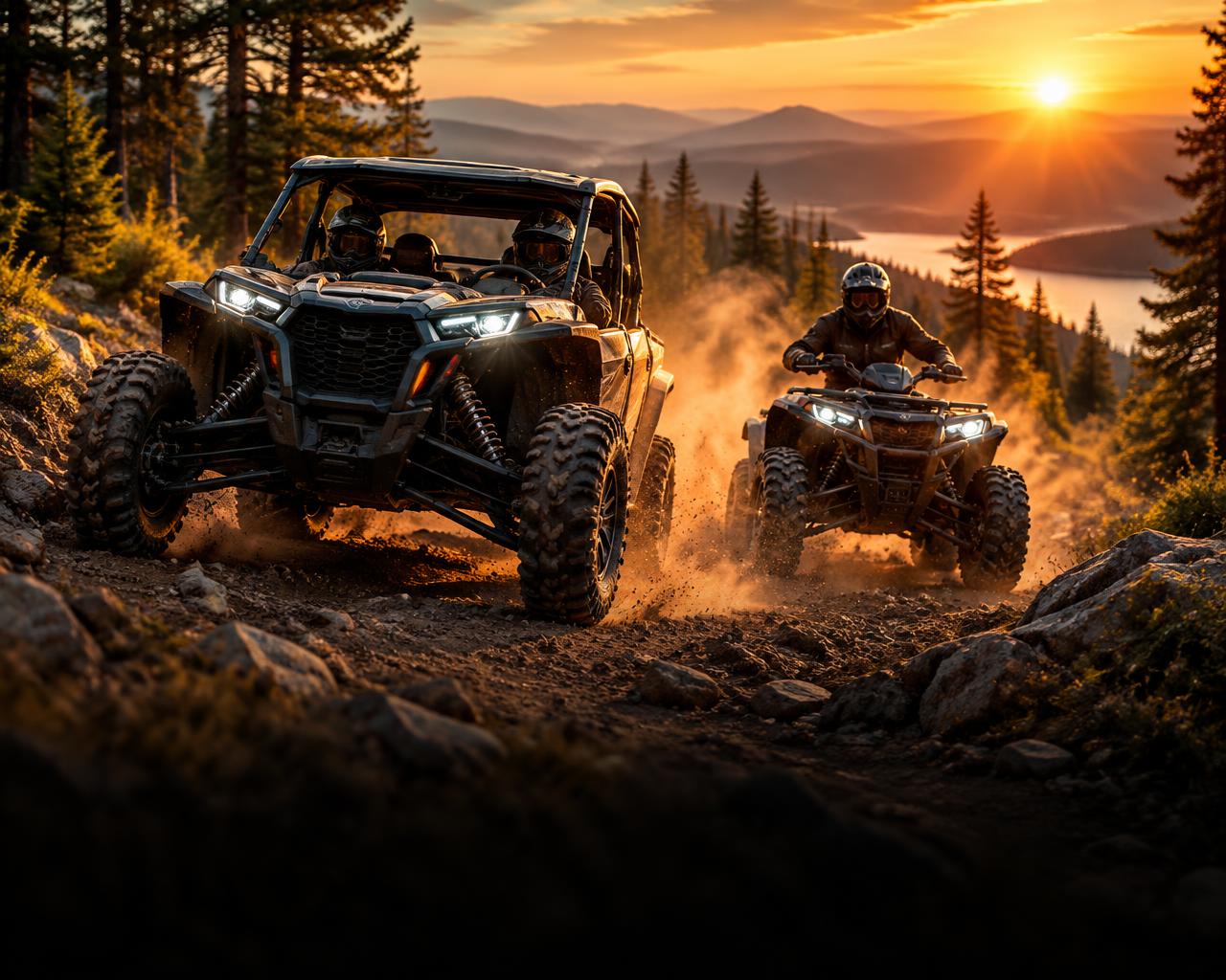 Side-by-side and ATV driving through a mountain trail